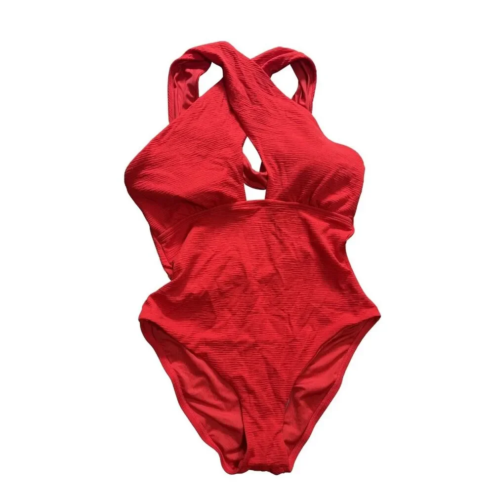 BCBG One Piece Swimsuit SIZE 10 Red Cross Front Off Shoulder Cutout NWT